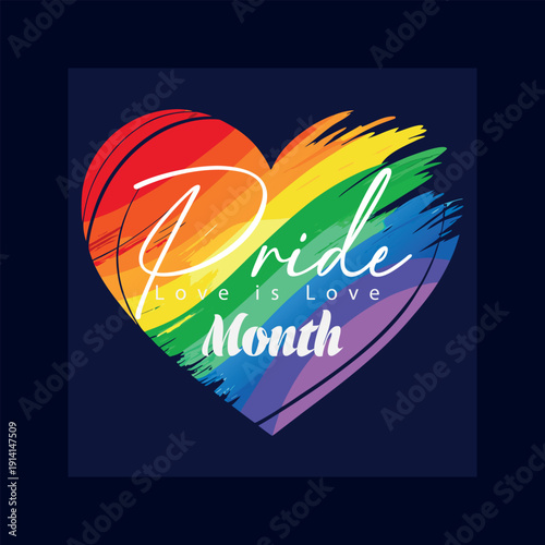 Vibrant rainbow heart design celebrating pride month with 'love is love' message on a dark background