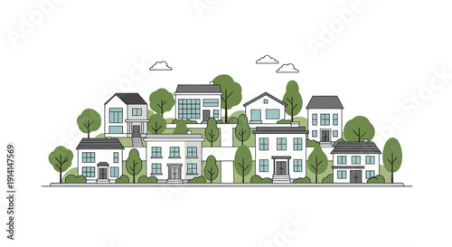 Suburban Neighborhood Landscape with Modern Houses and Green Trees