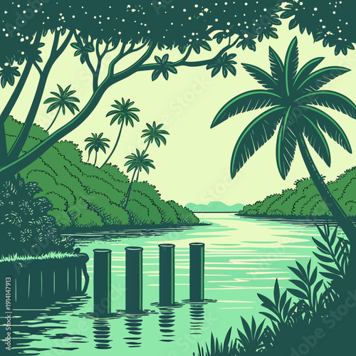 Tropical lagoon scene with stone pillars and palm trees 1