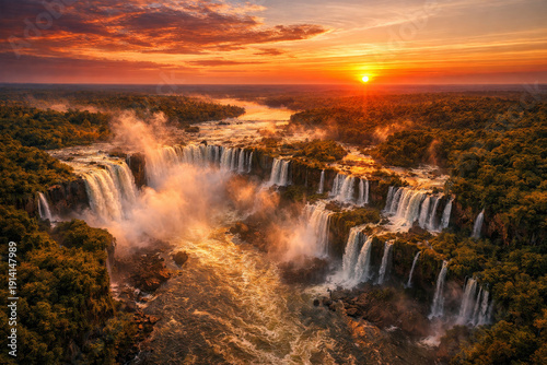 A high aerial view of Iguazu Falls, the massive waterfalls cascade powerfully through the lush rainforest. The scene is bathed in vibrant sunset lightm orange, red, and pink tones across the sky.