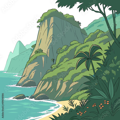 Tropical sea landscape with steep rock formations and sandy beach