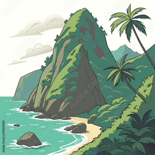 Tropical sea landscape with steep rock formations and palm trees