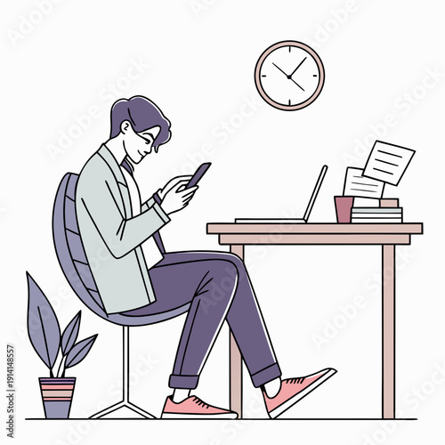 Man sitting at desk distracted by phone with laptop and books