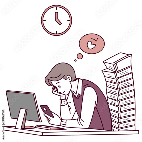 Woman procrastinating at desk with phone and computer