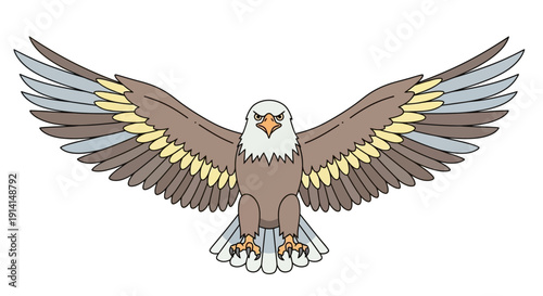 Illustration of a majestic bald eagle with wings spread wide in flight.