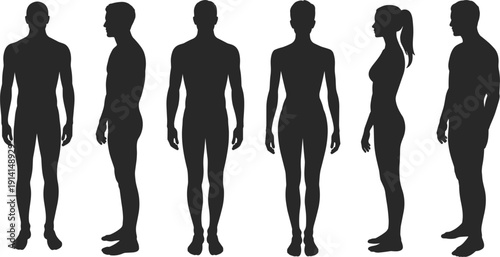 Silhouettes of male and female figures in front and side profiles on white background Keywords: silhouette, male, female, man