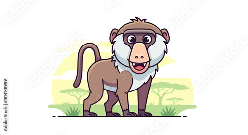 Cute cartoon baboon standing in a grassy field with a bright sky background.