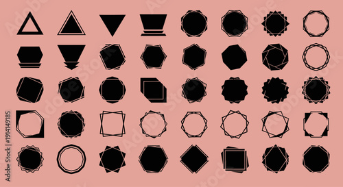Set of various black geometric and grunge style shapes on pink background.