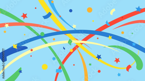 Colorful Confetti and Streamers on a Bright Blue Background.