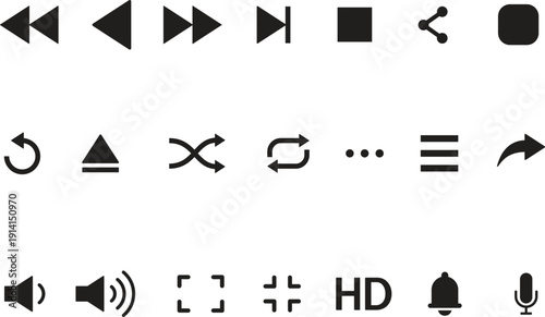 media player control icons. Play, pause, stop, record, navigation, and eject symbols. 
