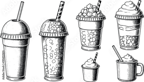 Iced coffee and smoothie cups collection in detailed vintage black and white engraving style