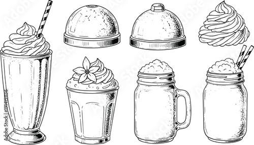 Vintage Engraved Milkshake Glass and Smoothie Cup Illustration Collection