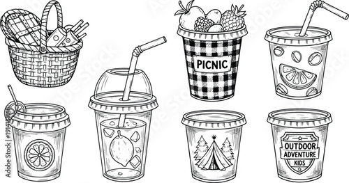 Vintage picnic and outdoor adventure drink cups collection in detailed black and white engraving style