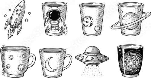 Vintage Engraved Space Themed Cups with Rocket UFO Astronaut