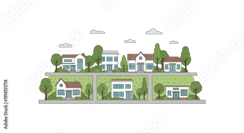 Charming suburban neighborhood with modern houses, green trees, and clouds