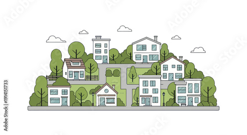 Charming Neighborhood Illustration: Diverse Houses, Green Trees, and White Background