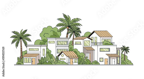 Modern Tropical Villas with Palm Trees and Lush Greenery, Minimalist Architecture