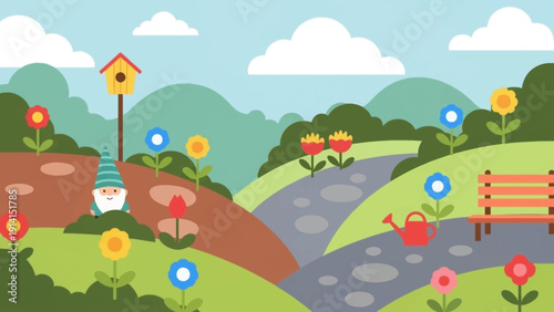 A charming garden gnome tending to vibrant flowers in a whimsical spring garden.