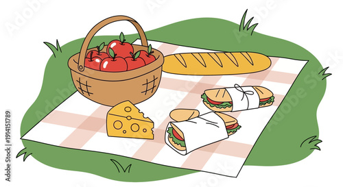A delightful picnic spread featuring a basket of tomatoes, fresh bread, cheese, and sandwiches on a checkered blanket.