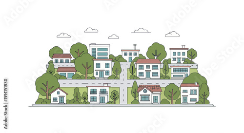 Charming suburban neighborhood with houses, trees, and roads, flat design illustration