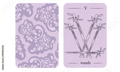 Five of Wands Tarot Card – Mystic Esoteric Vector Illustration with Lavender Ornamental Back Design