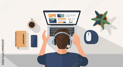Top-down illustration of a person engaged in digital tasks, using a laptop and headset for remote work, online communication, or customer support