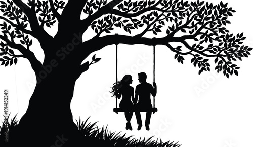 Romantic couple sitting on swing under tree silhouette, love relationship scene with man and woman in nature