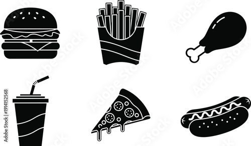 Fast food silhouette illustration set, six black icons hamburger fries chicken drumstick pizza slice hot dog soft drink design, vector artwork, lifestyle and nutrition theme, isolated background