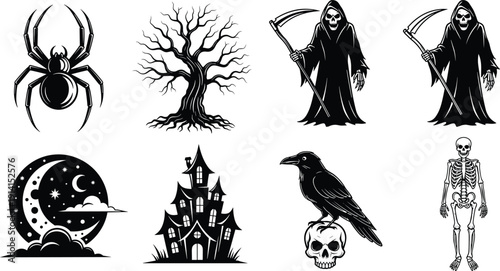 Halloween gothic silhouette illustration set, eight black icons grim reaper skeleton raven skull haunted house spider moon tree eerie design, vector artwork, holiday theme, isolated background