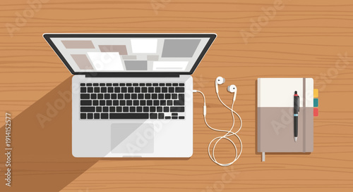 A laptop, notebook, and earbuds on a wooden desk viewed from directly above.