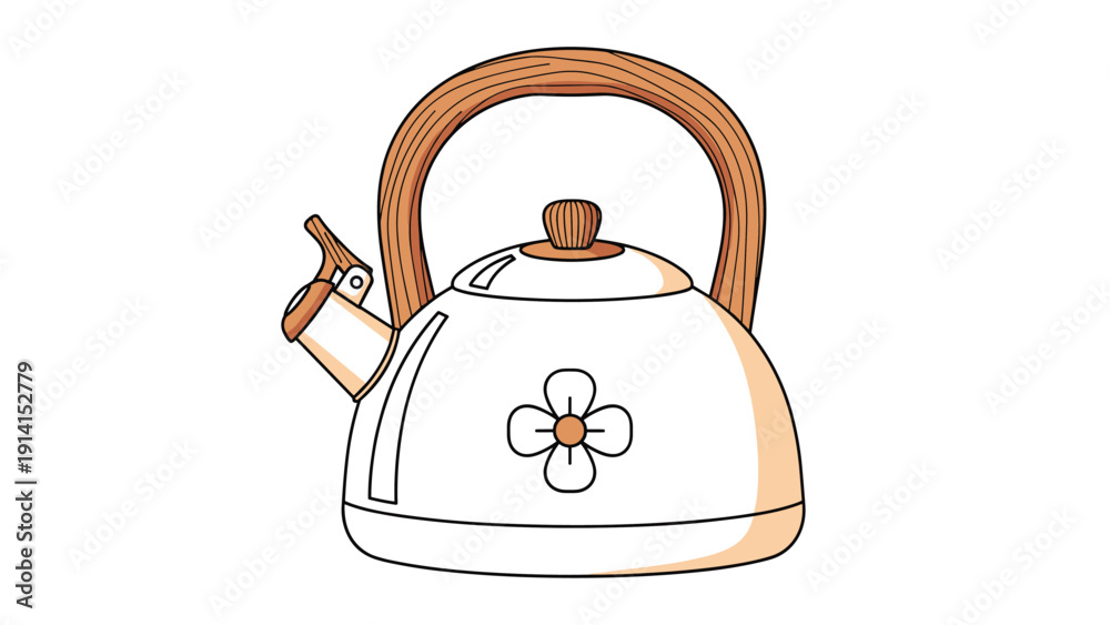 Obraz premium A charming white kettle with a warm brown wooden handle, subtly adorned with a simple flower design, perfect for boiling water.