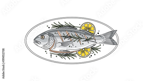 A delicious cooked fish, possibly dorada, beautifully presented on a platter with fresh lemon slices and fragrant rosemary sprigs.