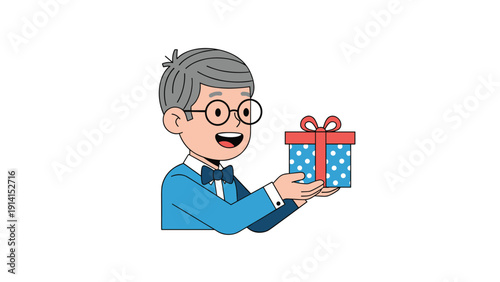 A cheerful cartoon man with round glasses and a neat bow tie, joyfully presenting a polka-dotted gift box.