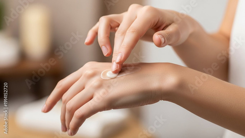 Close-up of a person applying cream to their hand for skincare and moisturizing.