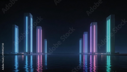 Futuristic neon towers at night