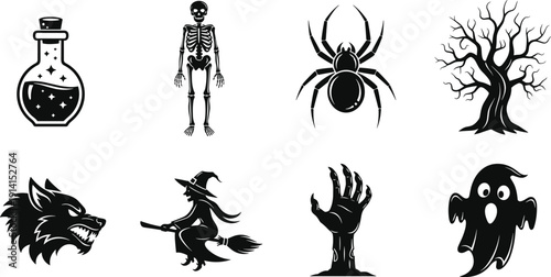 Halloween spooky silhouette illustration set, eight black icons skeleton ghost witch broom zombie hand wolf spider potion tree design, vector artwork, holiday theme, isolated background