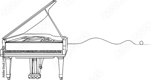 Minimalist continuous single line drawing of a grand piano, elegant classical music instrument vector illustration.