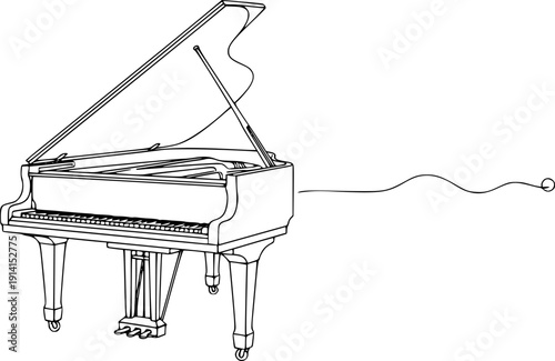 Minimalist continuous single line drawing of a grand piano, elegant classical music instrument vector illustration.