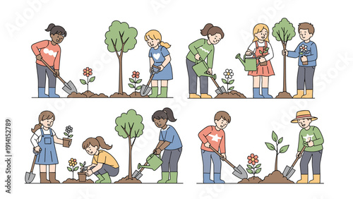 An adorable collection of diverse children actively engaged in planting trees and flowers, demonstrating care for the environment.