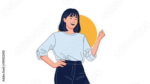 A confident and happy woman with short dark hair, smiling brightly and clenching her fist, against an abstract yellow circle background.