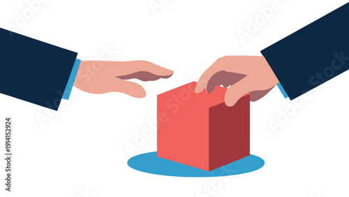 Businessman giving red cube to another person in suit