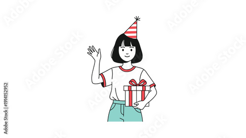 A cheerful young woman wearing a striped party hat, happily waving and presenting a festive gift box in a simple cartoon style.