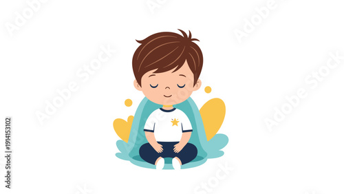 An adorable cartoon boy with brown hair, calmly sitting cross-legged in meditation, surrounded by abstract yellow and blue shapes.