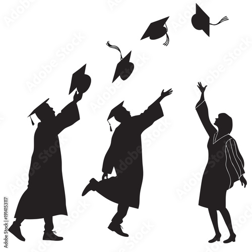 Black silhouettes of people throwing graduation caps in the air