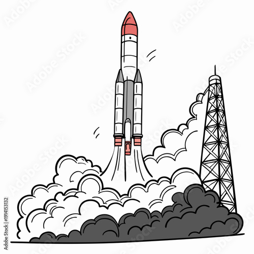 Cartoon style rocket ship launching from a launchpad with tower