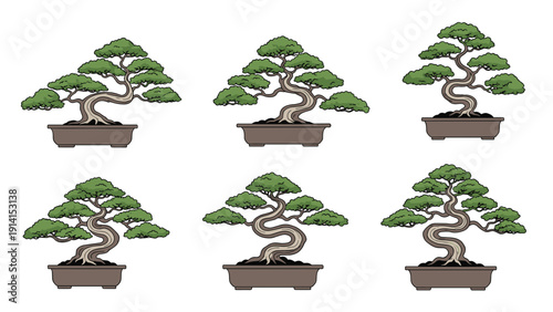 A beautiful collection of six distinct bonsai trees, meticulously shaped and potted, showcasing the art of miniature tree cultivation.