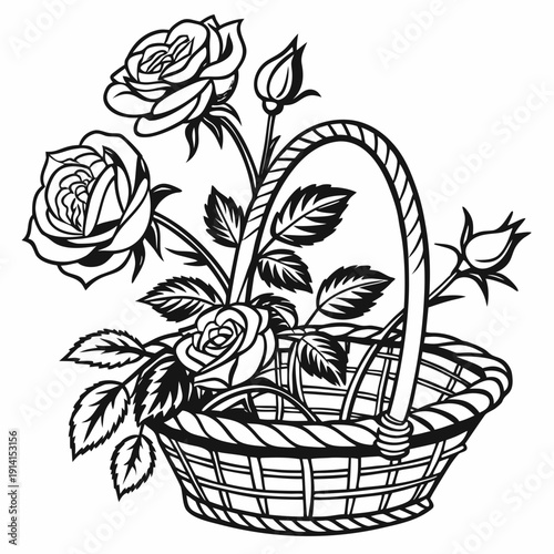 Black and white of roses in a wicker basket flowers