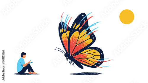 A person sketching a magnificent, vibrant butterfly in flight, symbolizing creativity, transformation, and artistic inspiration against a sunny background.