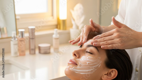 Woman receiving facial treatment with cream applied by beautician in spa salon.