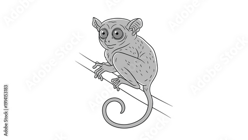 A charming grey cartoon tarsier monkey, perched on a branch with its characteristic large eyes and a distinctive long, curled tail.